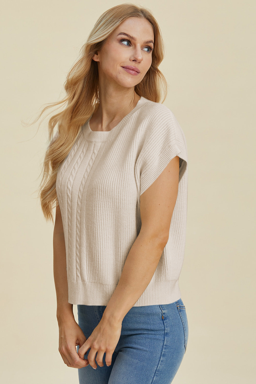 Double Take Full Size Cable-Knit Round Neck Short Sleeve Sweater.