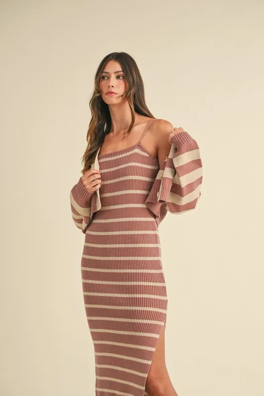 MABLE Stripe Crop Cardigan and Bodycon Dress Sweater Set.