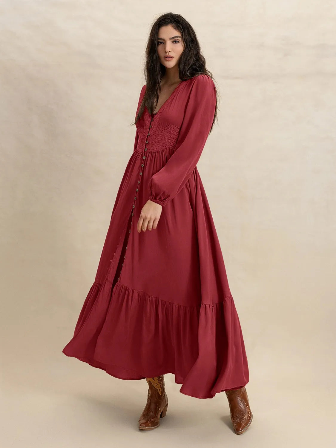 V-Neck Balloon Sleeve Ruffled Hem Maxi Dress.