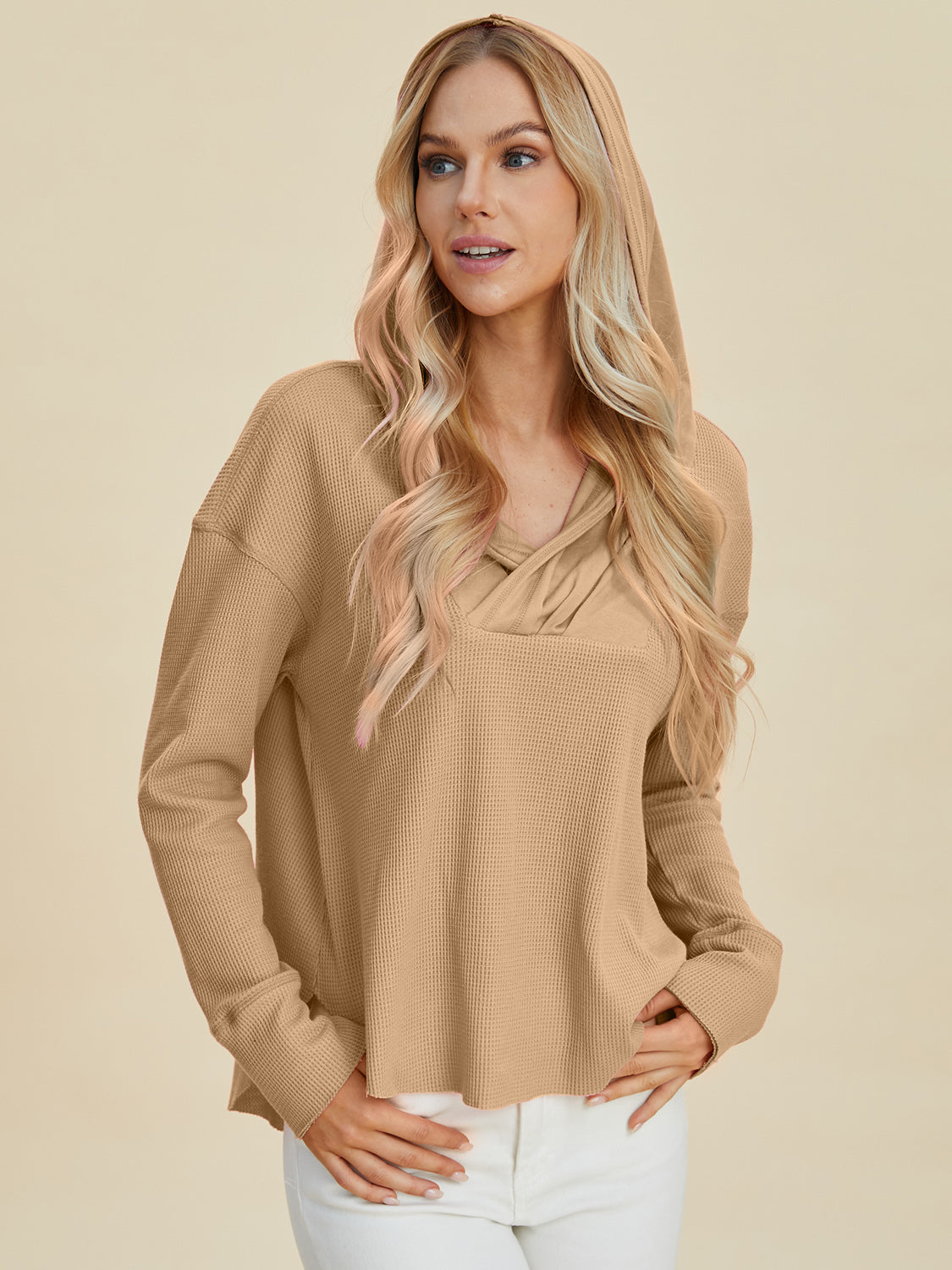 Double Take Full Size High-Low Dropped Shoulder Long Sleeve Hoodie.