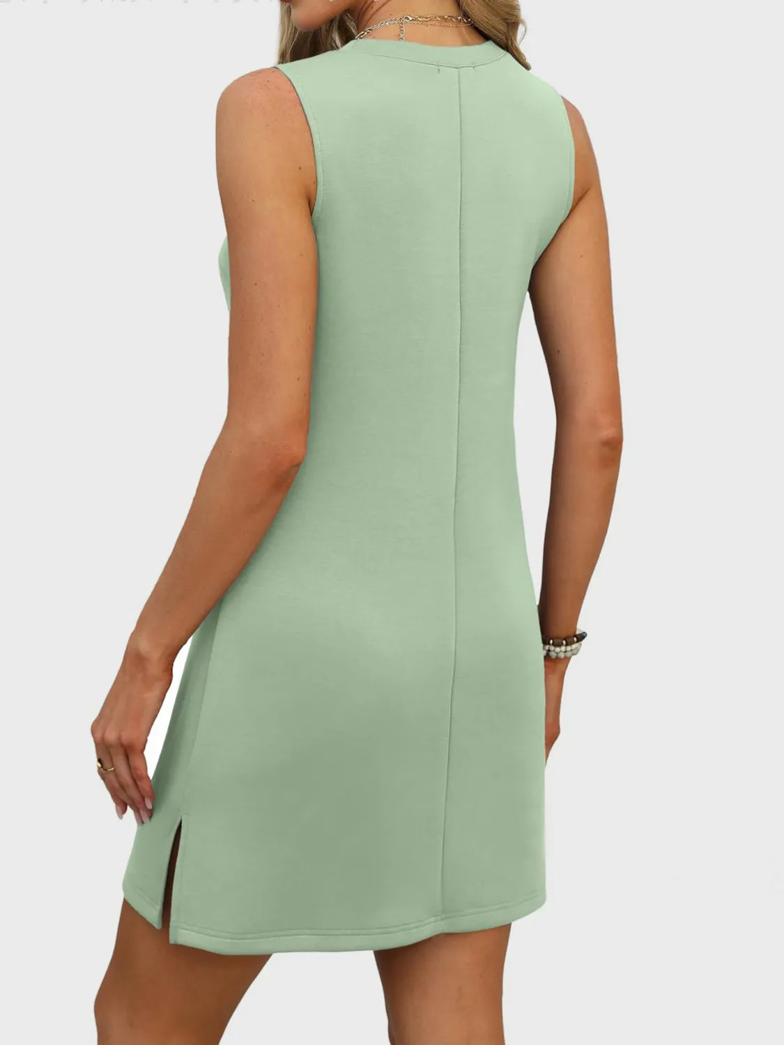 Slit V-Neck Sleeveless Mini Dress.