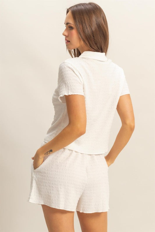 HYFVE Textured Short Sleeve Top and Drawstring Shorts Knit Set.
