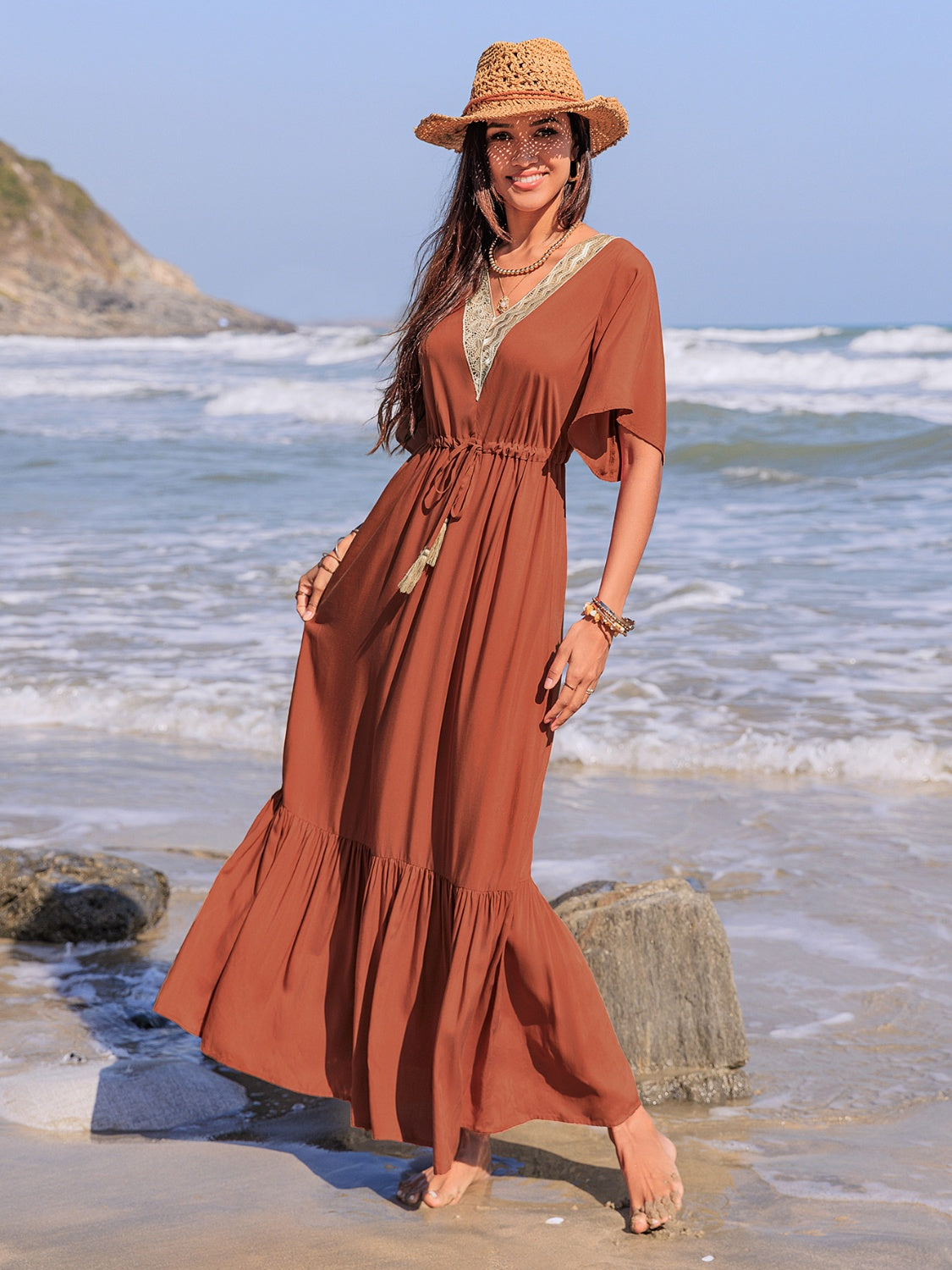 Ruffled Tassel V-Neck Flutter Sleeve Dress.