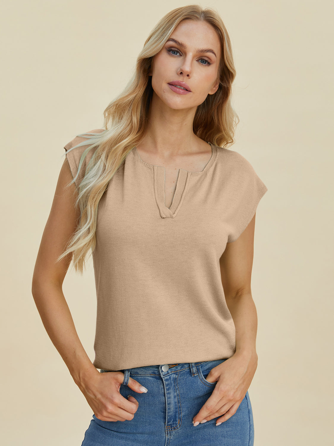 Double Take Full Size Notched Cap Sleeve Knit Top.