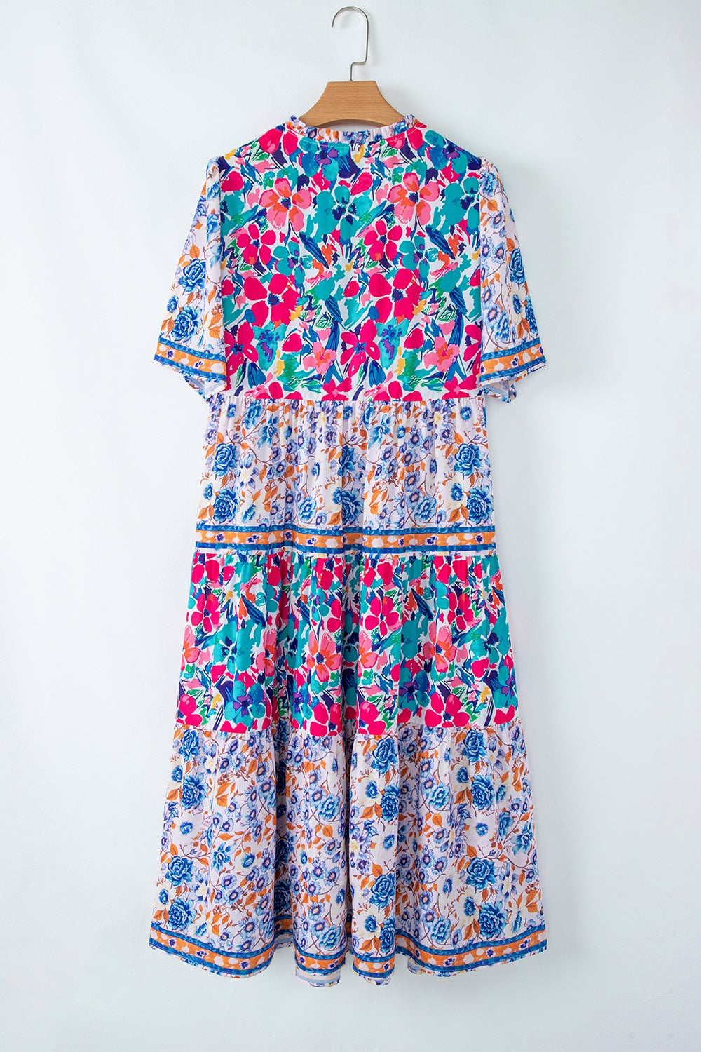 Mixed Floral Print Tie Neck Short Sleeve Dress.
