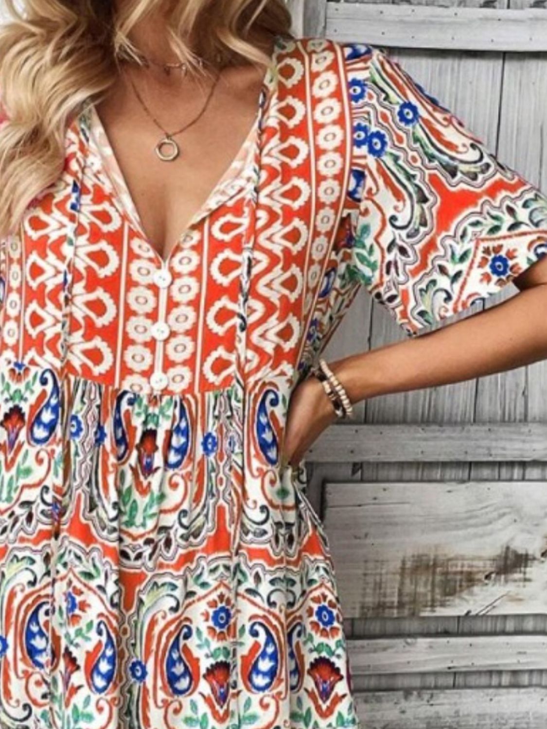 Printed Tie Neck Short Sleeve Dress.