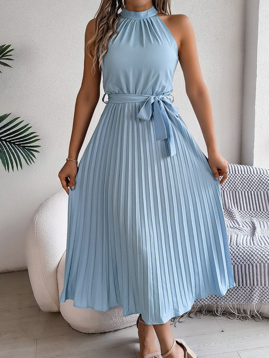 Grecian Neck, Tie Waist, Pleated Dress.