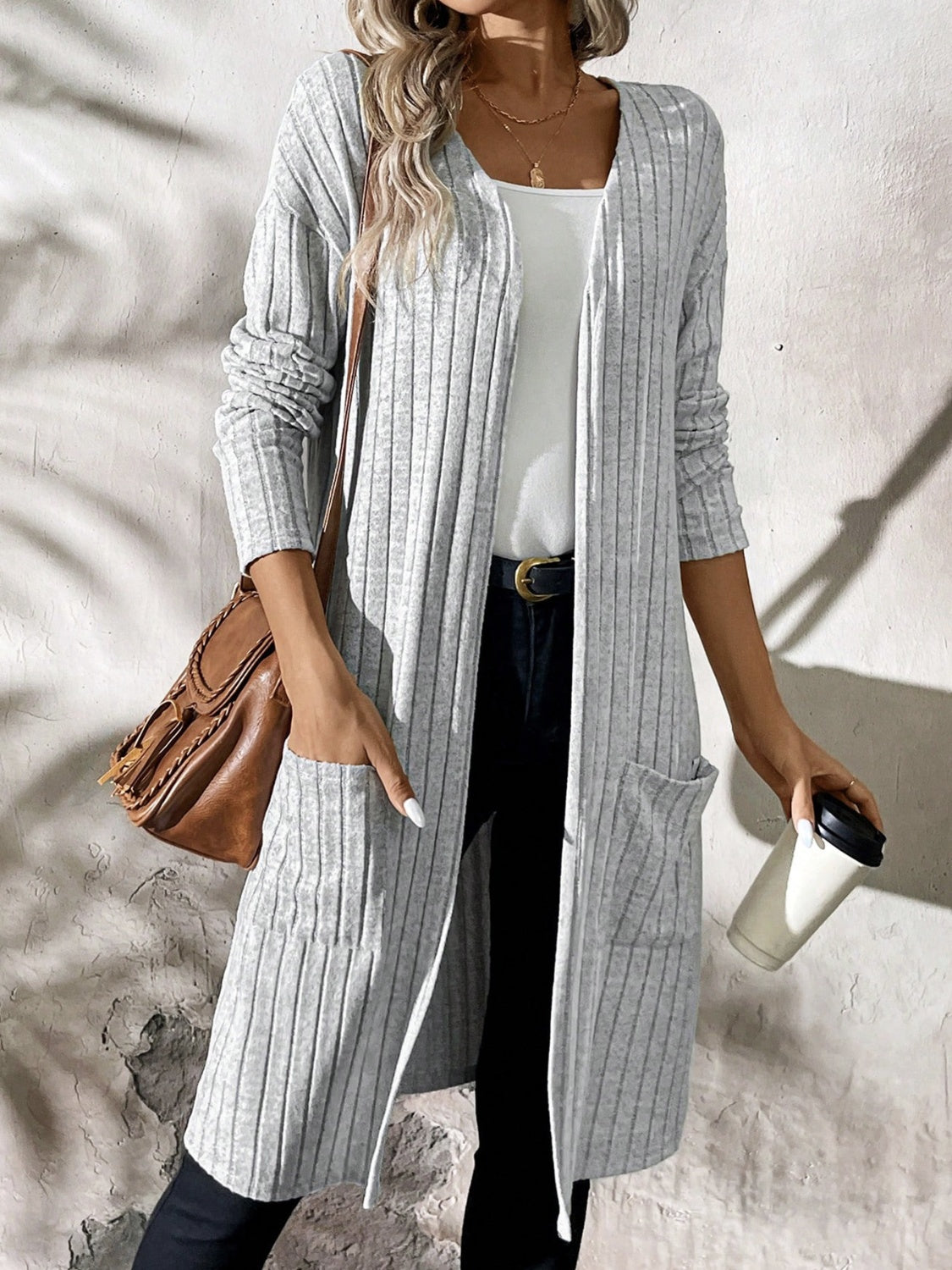 Cozy Ribbed Cardigan with Pockets - Perfect for Relaxation.