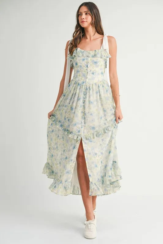 MABLE Floral Printed Shoulder Strap Midi Dress.