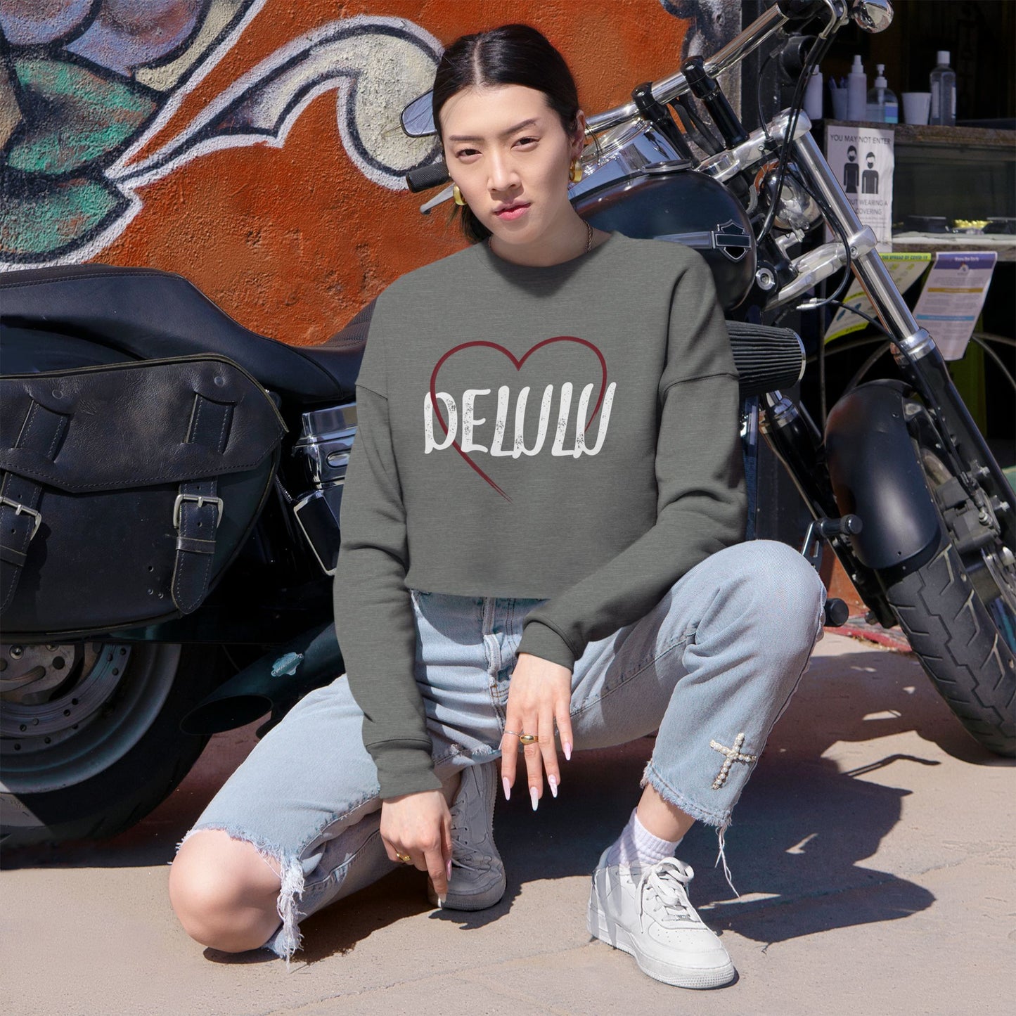"Delulu" Cropped Crewneck Sweatshirt.