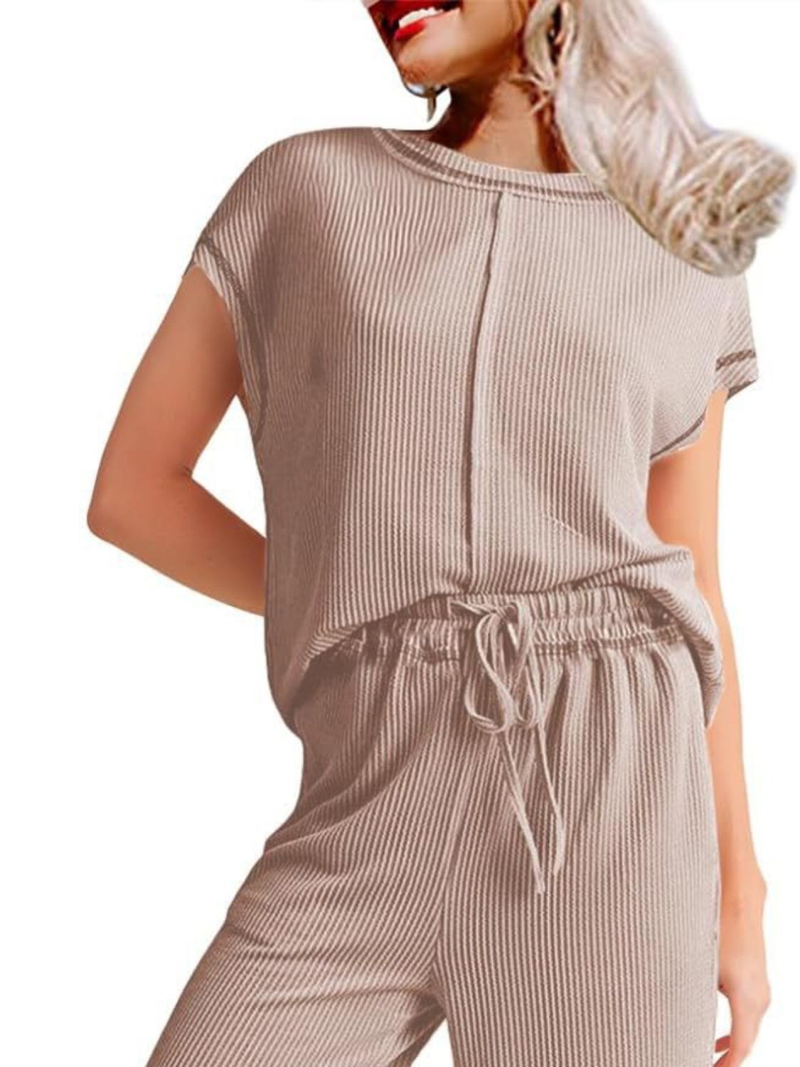 Contemporary Ribbed Exposed Seam Top and Pants Set - Effortless Chic.