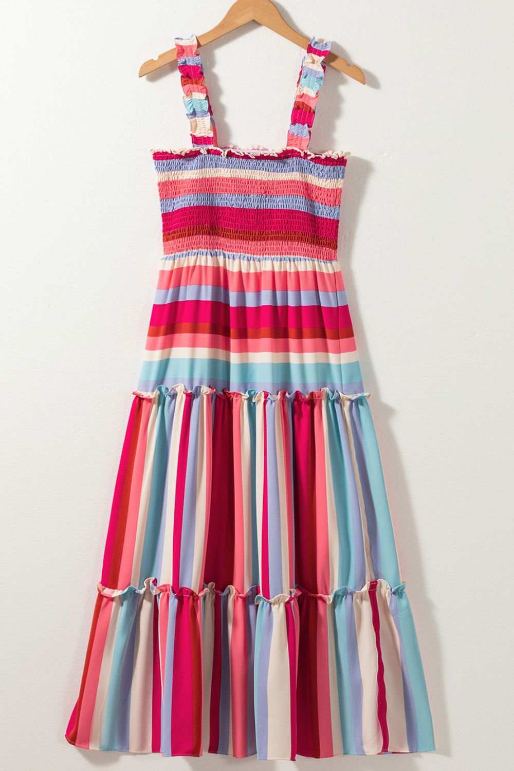 Contrast Stripe Wide Strap Smocked Tiered Dress.