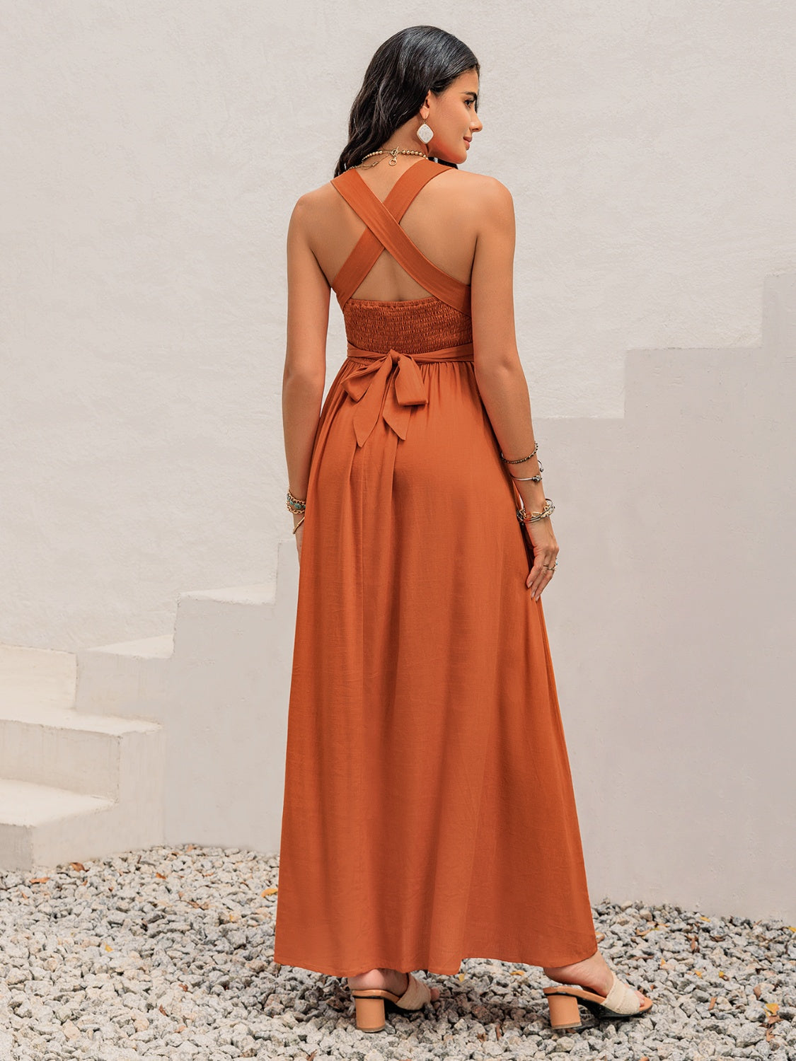 Crisscross Back Smocked Square Neck Maxi Dress.