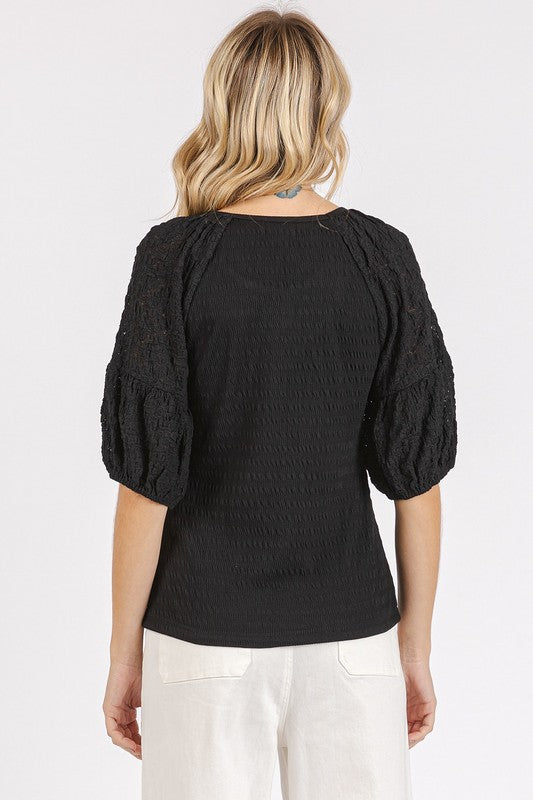 Mittoshop Mixed Media Textured Knit Popcorn Puff Sleeve Blouse.