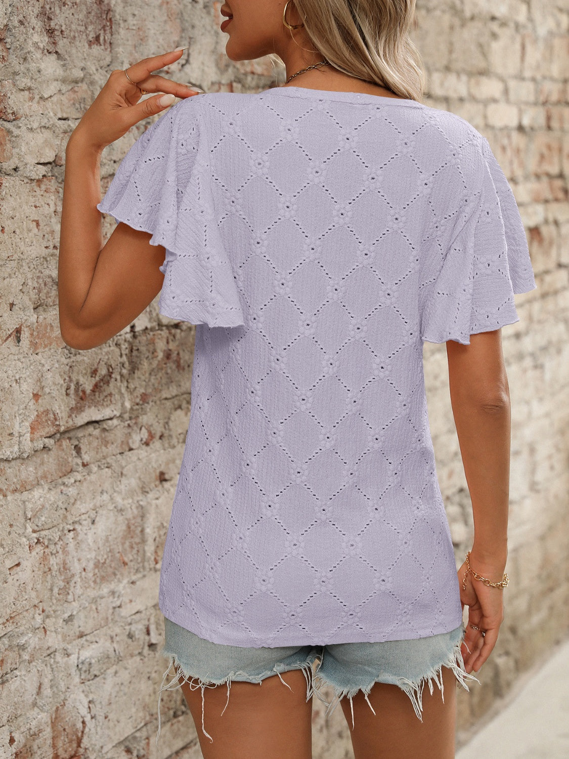 Eyelet Round Neck Flutter Sleeve Top.