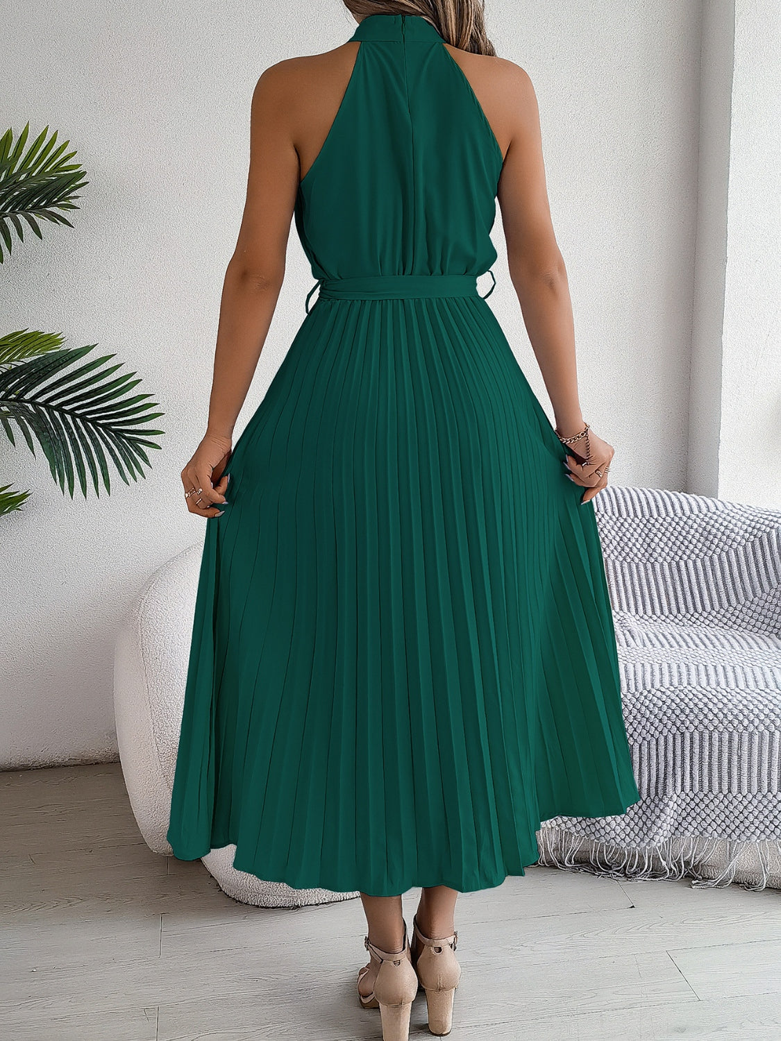 Grecian Neck, Tie Waist, Pleated Dress.