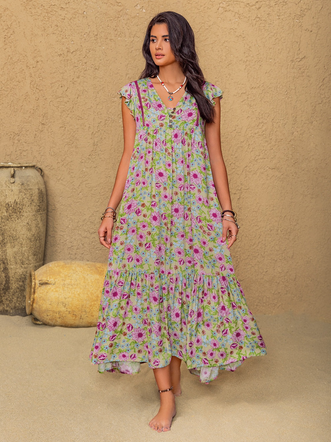 Floral Ruffled Cap Sleeve Tiered Dress.
