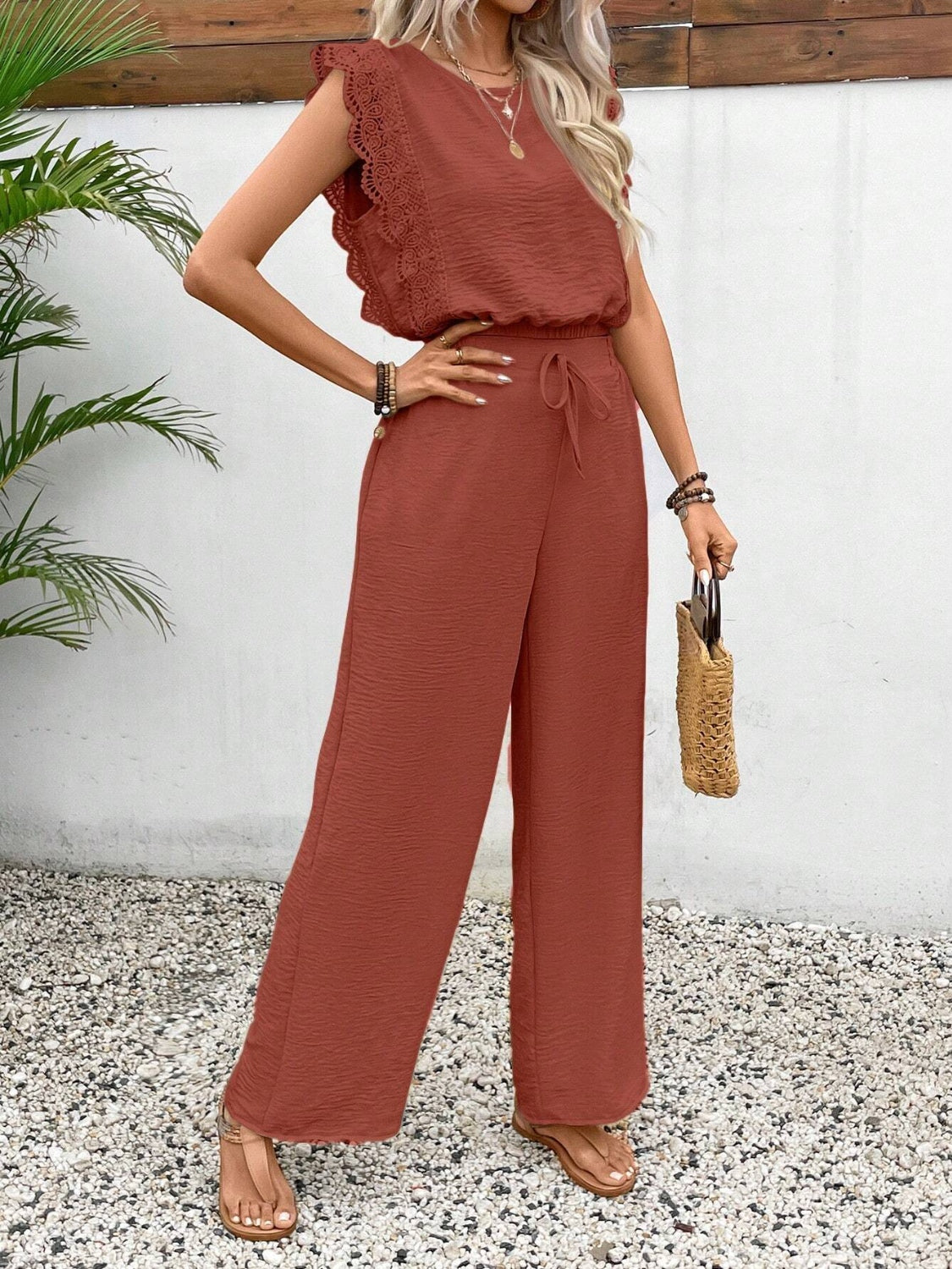 Elegant Lace Trim Round Neck Top and Pants Set - Refined Comfort.
