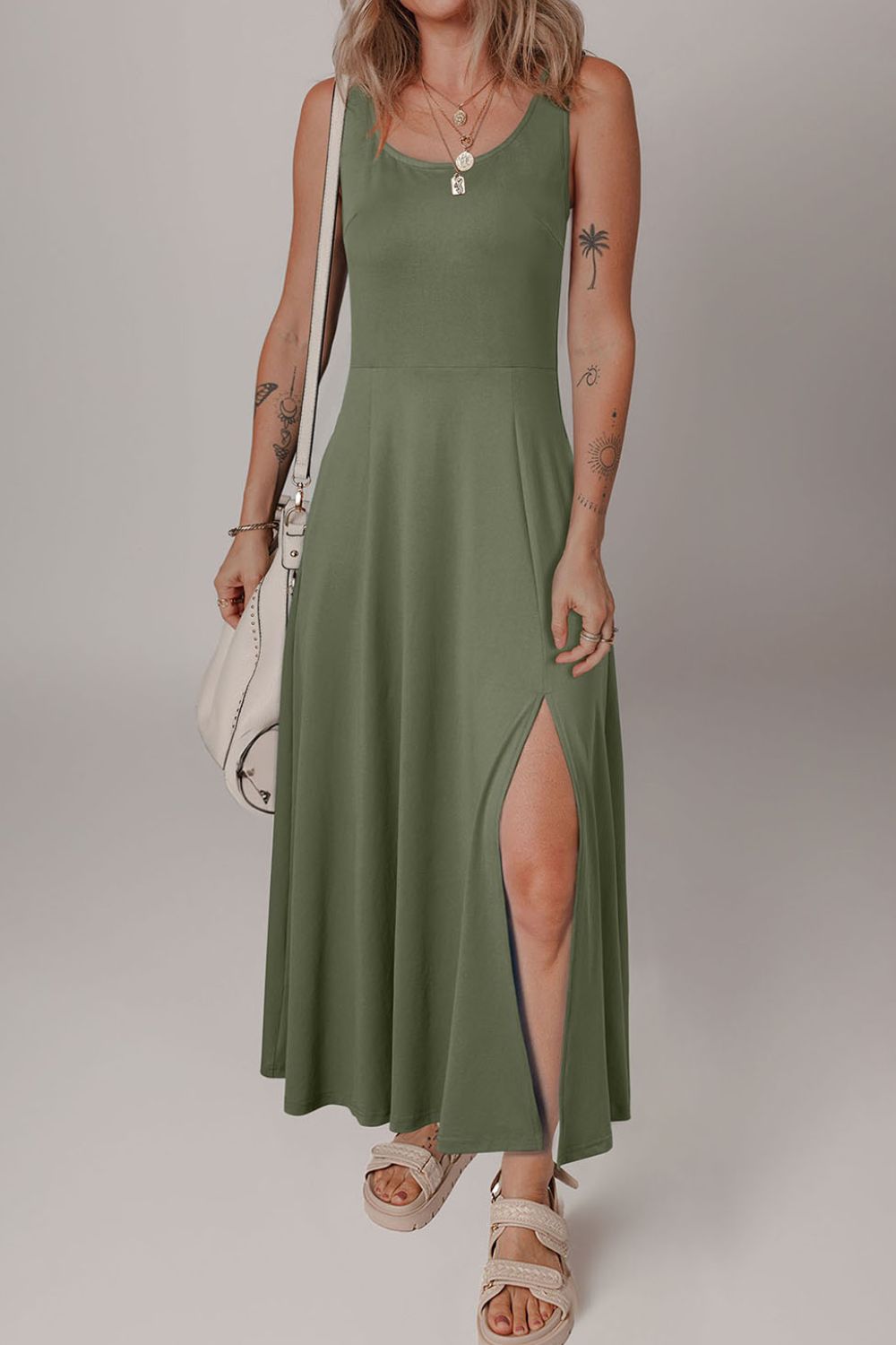 Side Slit Scoop Neck Wide Strap Dress.
