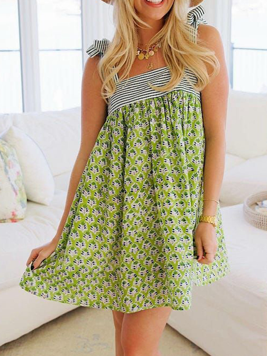 Printed Tie Shoulder Mini Cami Dress.