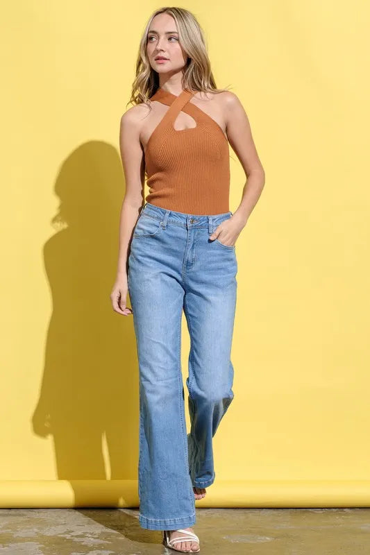 And The Why Basic Rib Cross Halter Neck Tank Top.