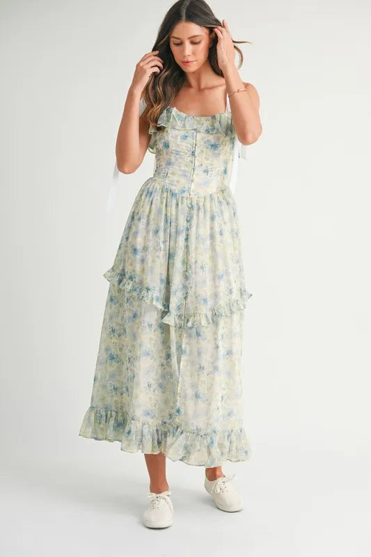 MABLE Floral Printed Shoulder Strap Midi Dress.