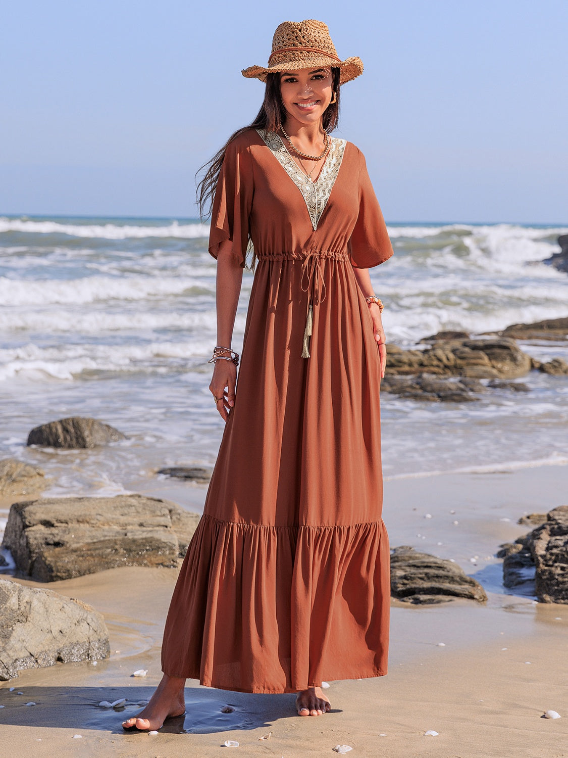 Ruffled Tassel V-Neck Flutter Sleeve Dress.