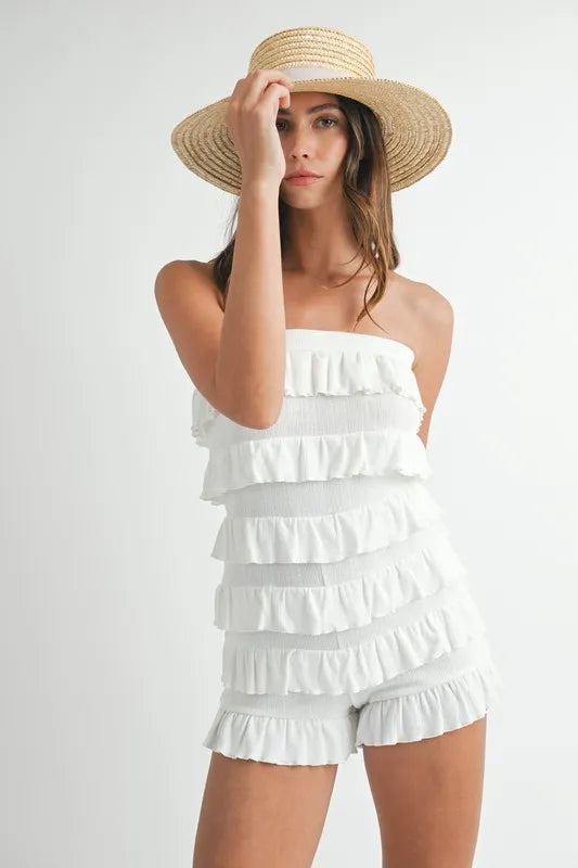 MABLE Pointelle Knit Fabric Ruffled Tube Romper.