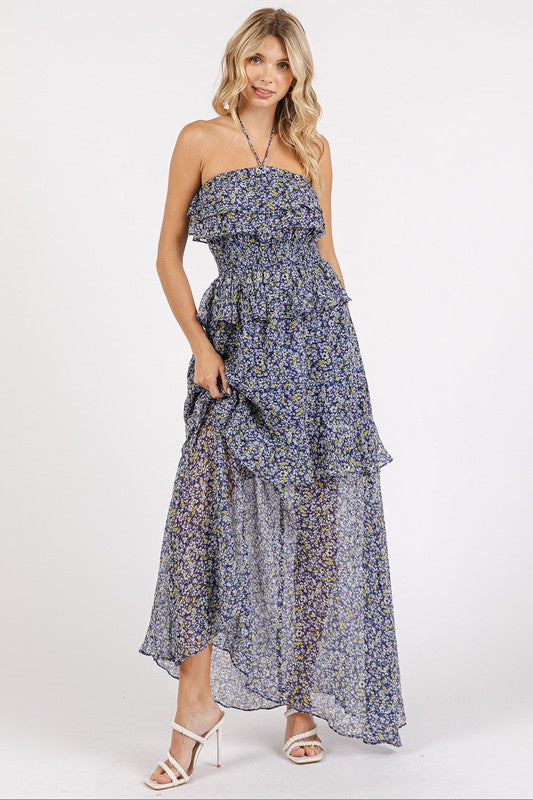 Mittoshop Ruffled Smocked Floral Halter Neck Maxi Dress.