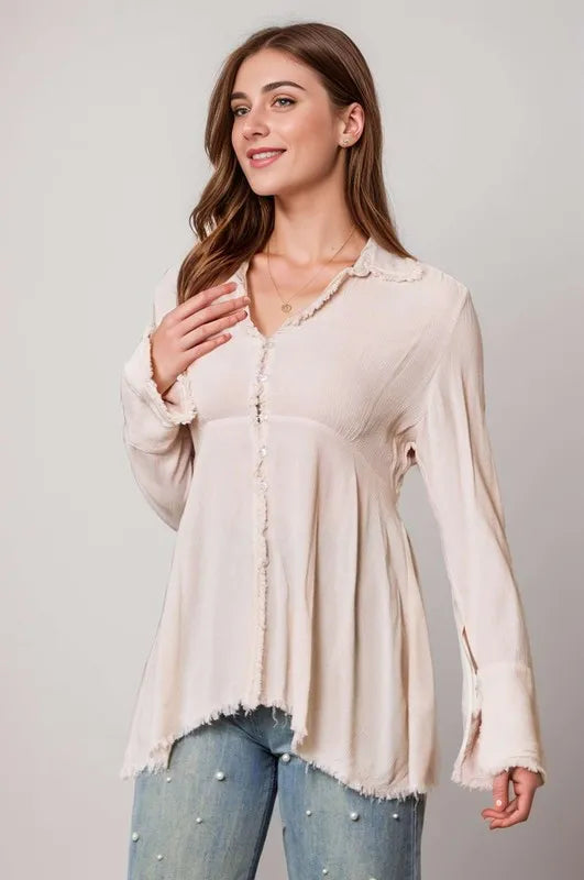 Davi & Dani V-Neck Open Back Adjustable Babydoll Shirt.
