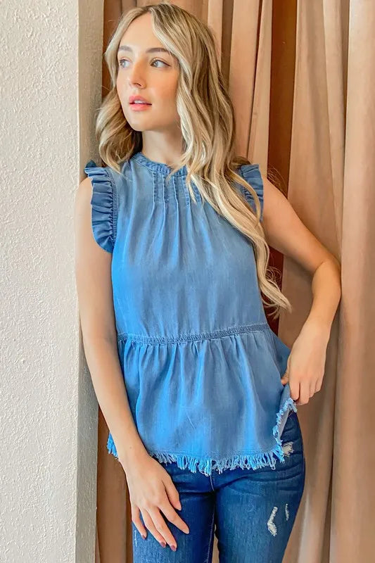 And The Why Chambray Ruffle Sleeveless Top.