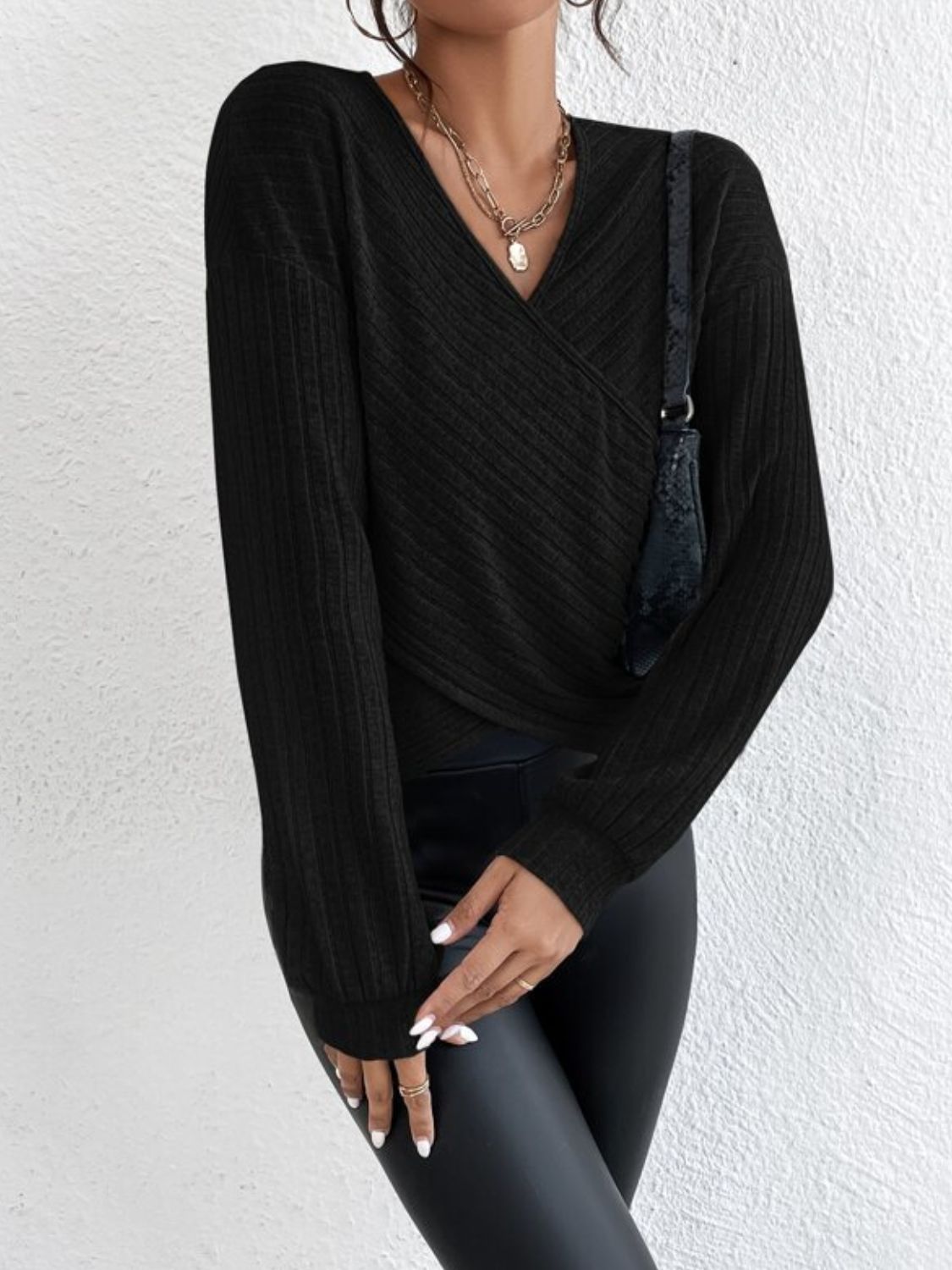 Surplice Dropped Shoulder Long Sleeve T-Shirt.