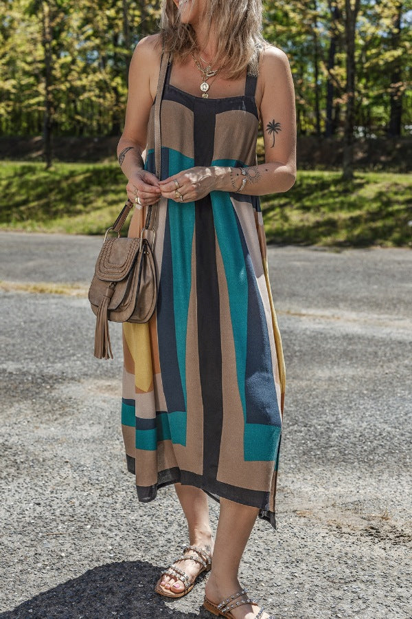 Vibrant Color Block Dress - Square Neck, Wide Strap.