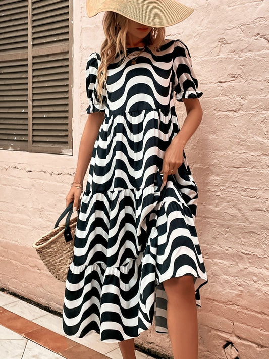 Wavy Striped Round Neck Short Sleeve Dress.