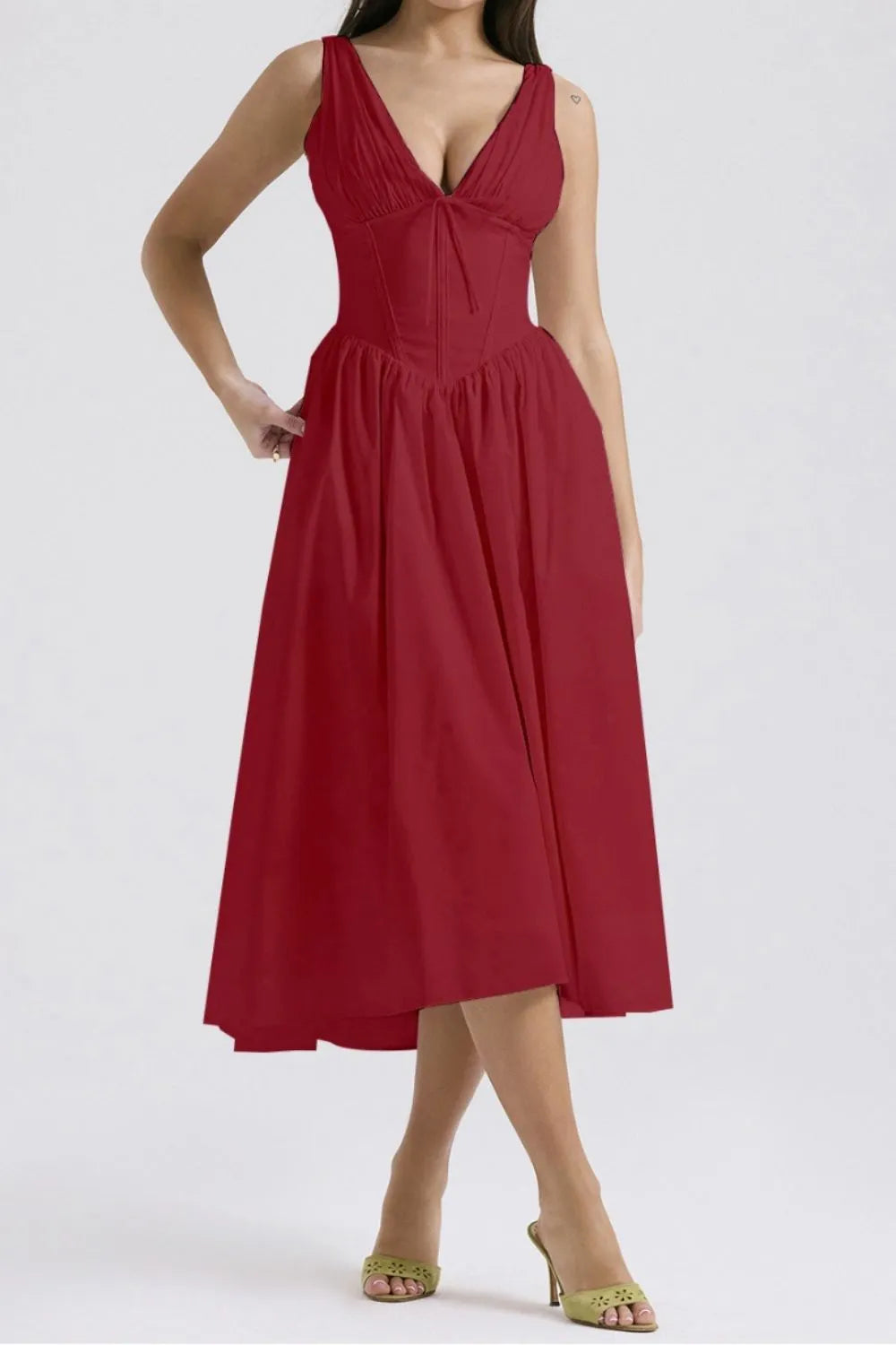 Ruched V-Neck Dress with Pockets.