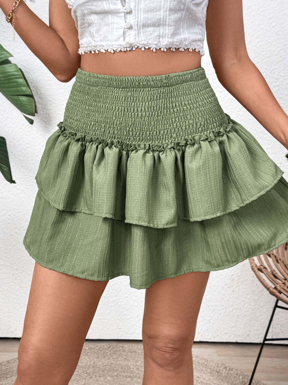 Stylish Layered Mini Skirt with Smocked Waistband.