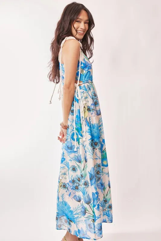 Davi & Dani Tropical Boho Printed Detail Cut Out Maxi Dress.