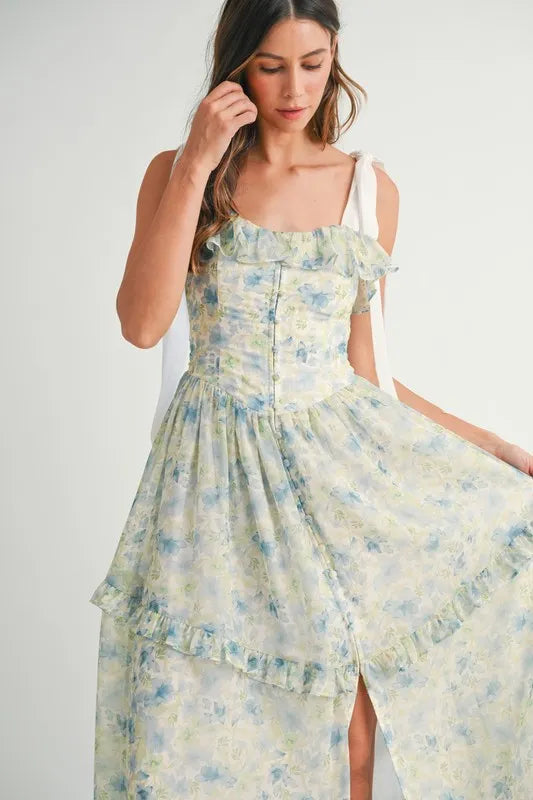 MABLE Floral Printed Shoulder Strap Midi Dress.