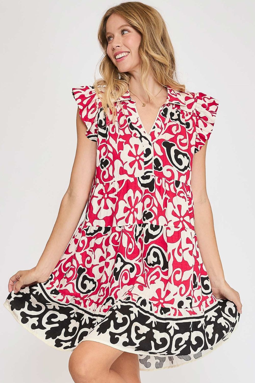 Umgee Floral Ruffled Cap Sleeve Tiered Dress.