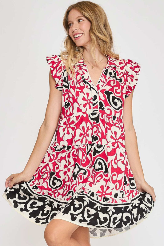 Umgee Floral Ruffled Cap Sleeve Tiered Dress.