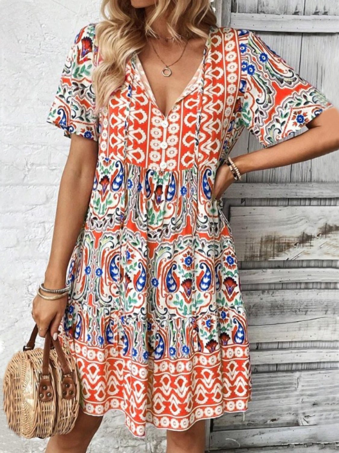 Printed Tie Neck Short Sleeve Dress.