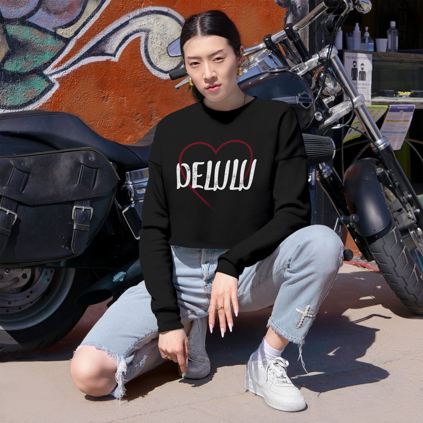 "Delulu" Cropped Crewneck Sweatshirt.