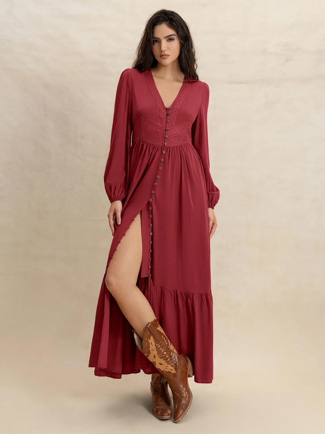 V-Neck Balloon Sleeve Ruffled Hem Maxi Dress.