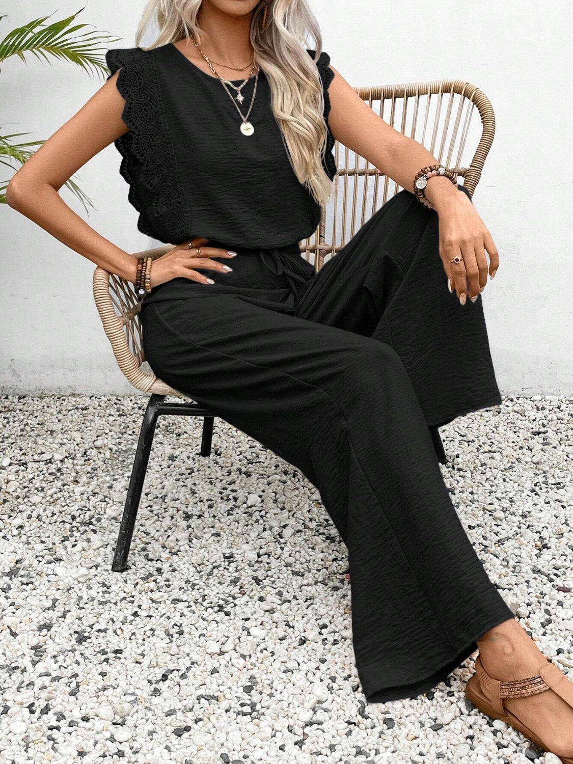 Elegant Lace Trim Round Neck Top and Pants Set - Refined Comfort.