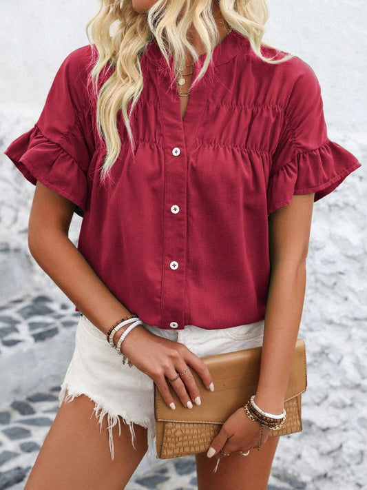 Elegant Button Down Ruffled Short Sleeve Shirt - Versatile Fashion Essential.
