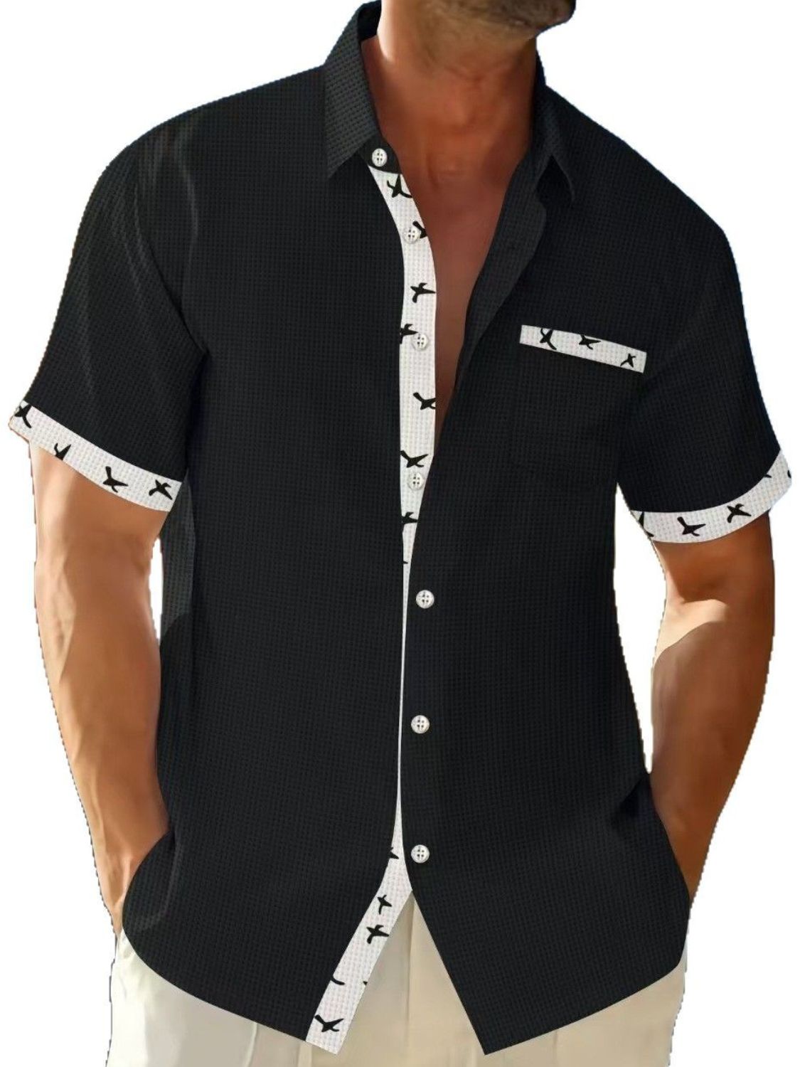 Contrast Trim Waffle Knit Short Sleeve Shirt.