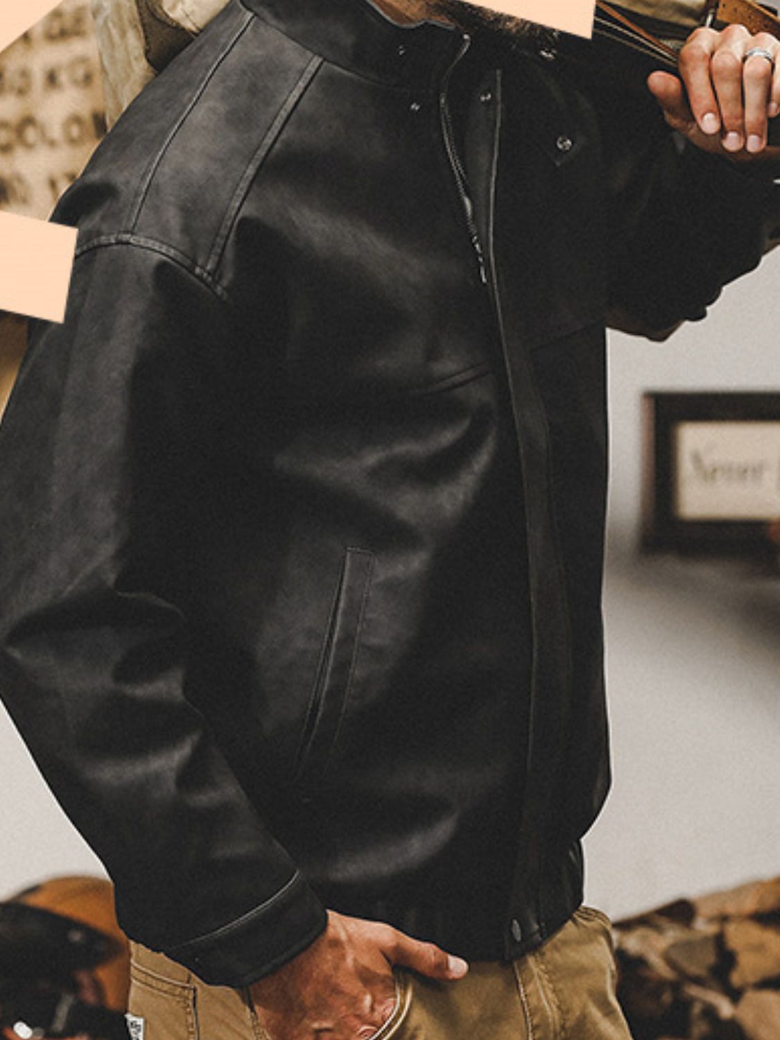 Plus Size Zip Up Stand Collar Biker Jacket.