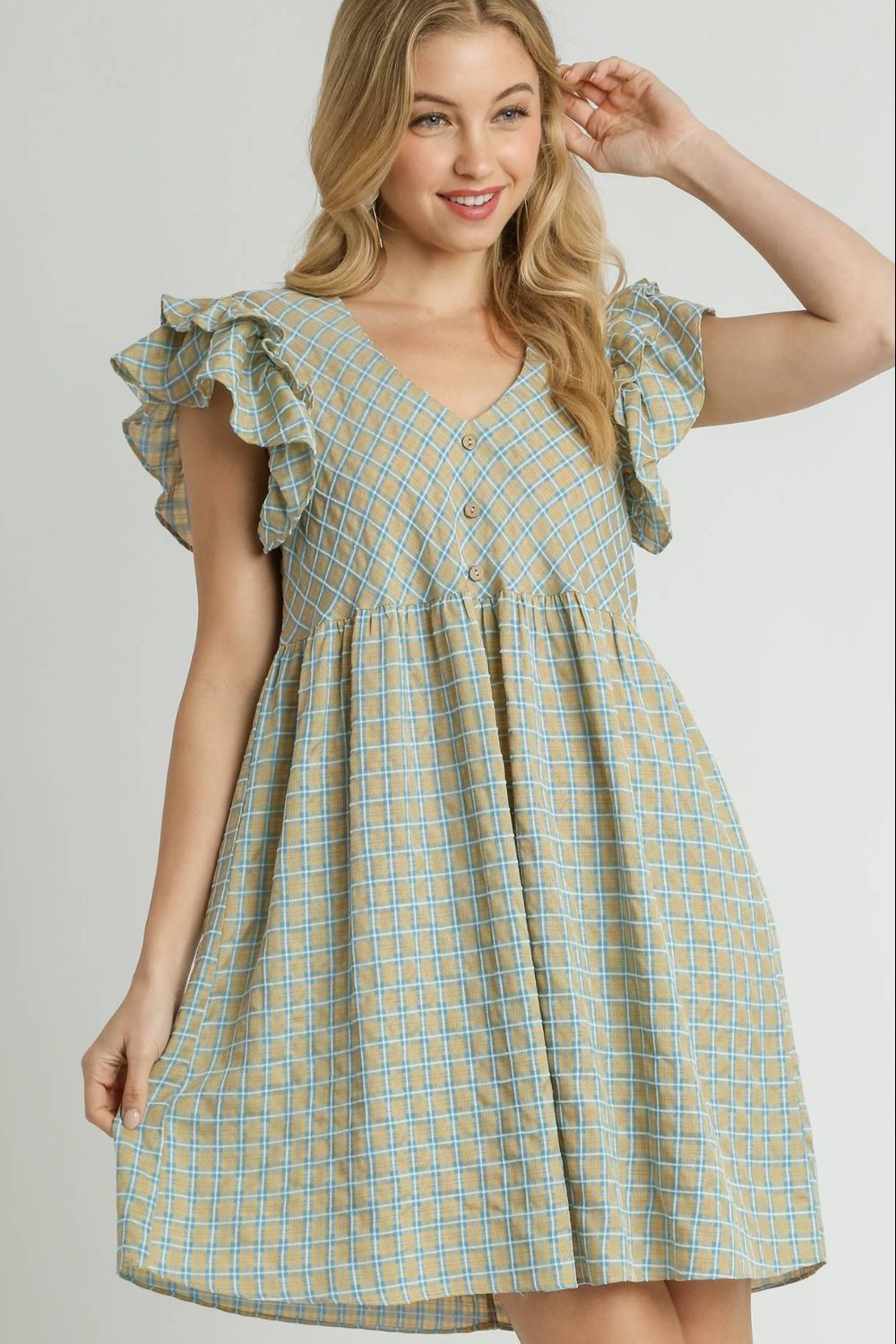 Umgee Full Size Plaid V-Neck Ruffle Cap Sleeve Dress Plus Size.