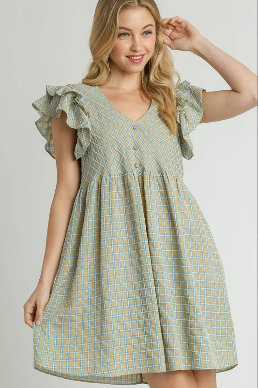 Umgee Full Size Plaid V-Neck Ruffle Cap Sleeve Dress Plus Size.