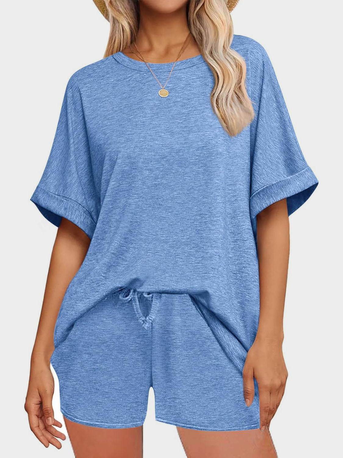 Comfortable and Stylish Round Neck T-Shirt and Drawstring Shorts Set.